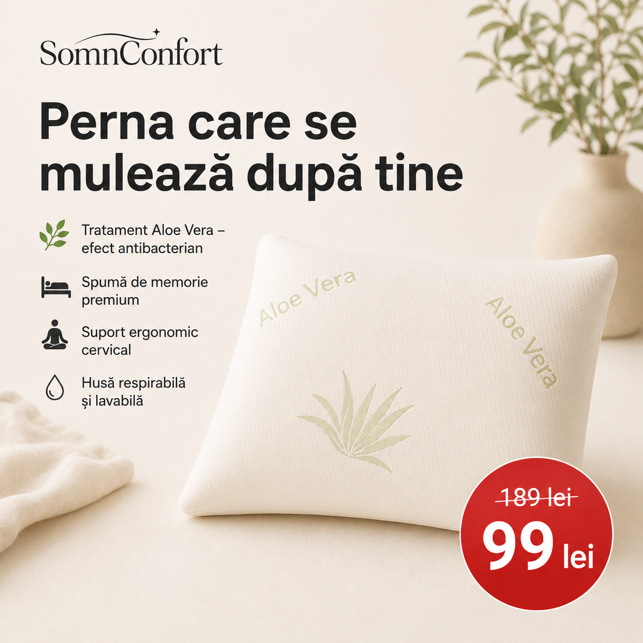 PERNA CERVICALA CU SPUMA DE MEMORIE ALOE VERA