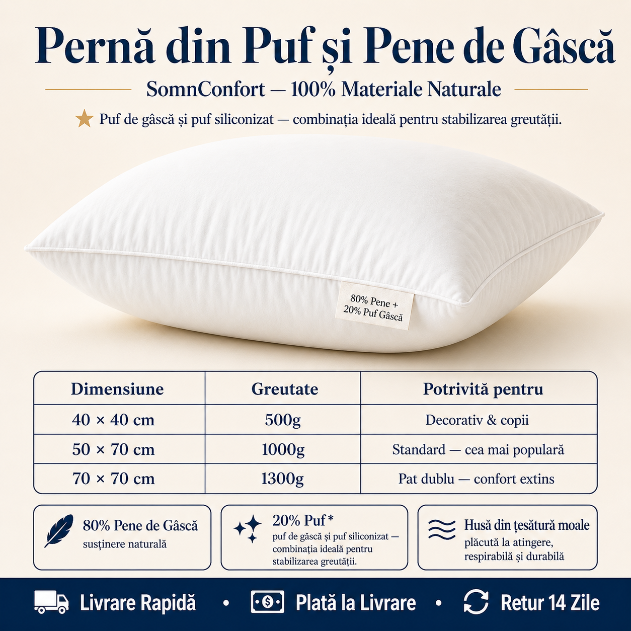 Pernă Hotelieră - puf și pene gască