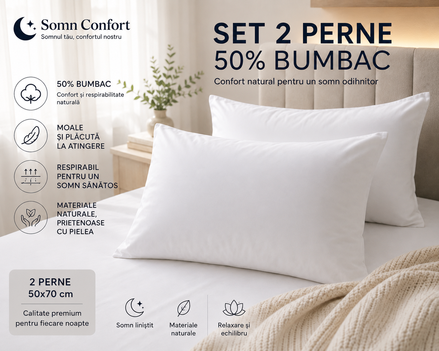 Set 2 fețe de pernă bumbac 50x70