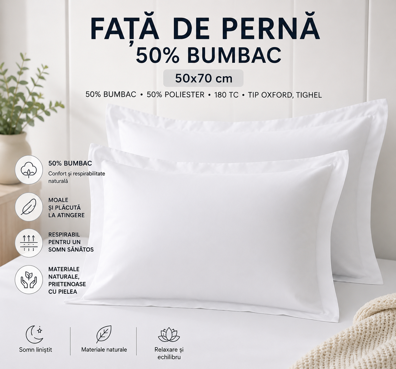 Set 2 fețe de pernă bumbac 50x70